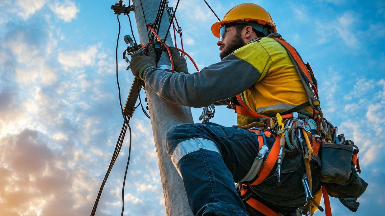 Person working on a power pole against a sunset sky